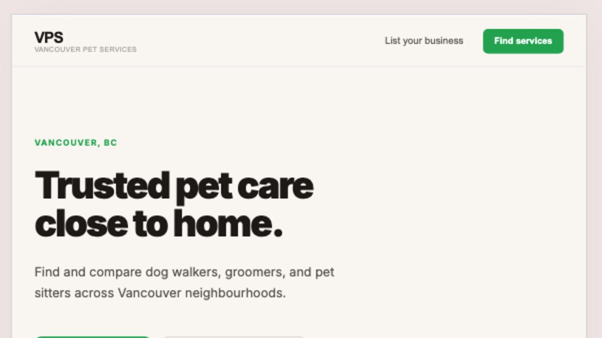 Vancouver Pet Services website homepage